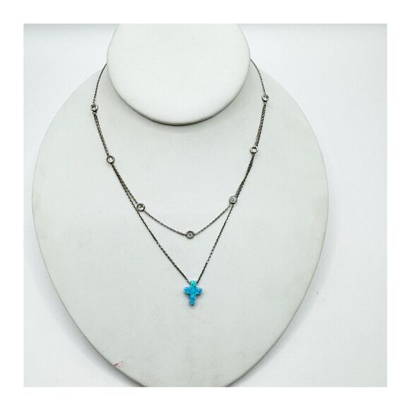 Sterling Silver Double Layer Opal Cross Necklace Bezel Set CZ Crystals Turkey - Picture 9 of 14